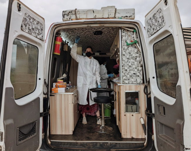 Emory University senior Alia Bly stands in the OKB Hope Foundation's mobile disease screening laboratory in Mobia, a rural community in the Ashanti region of southern Ghana.